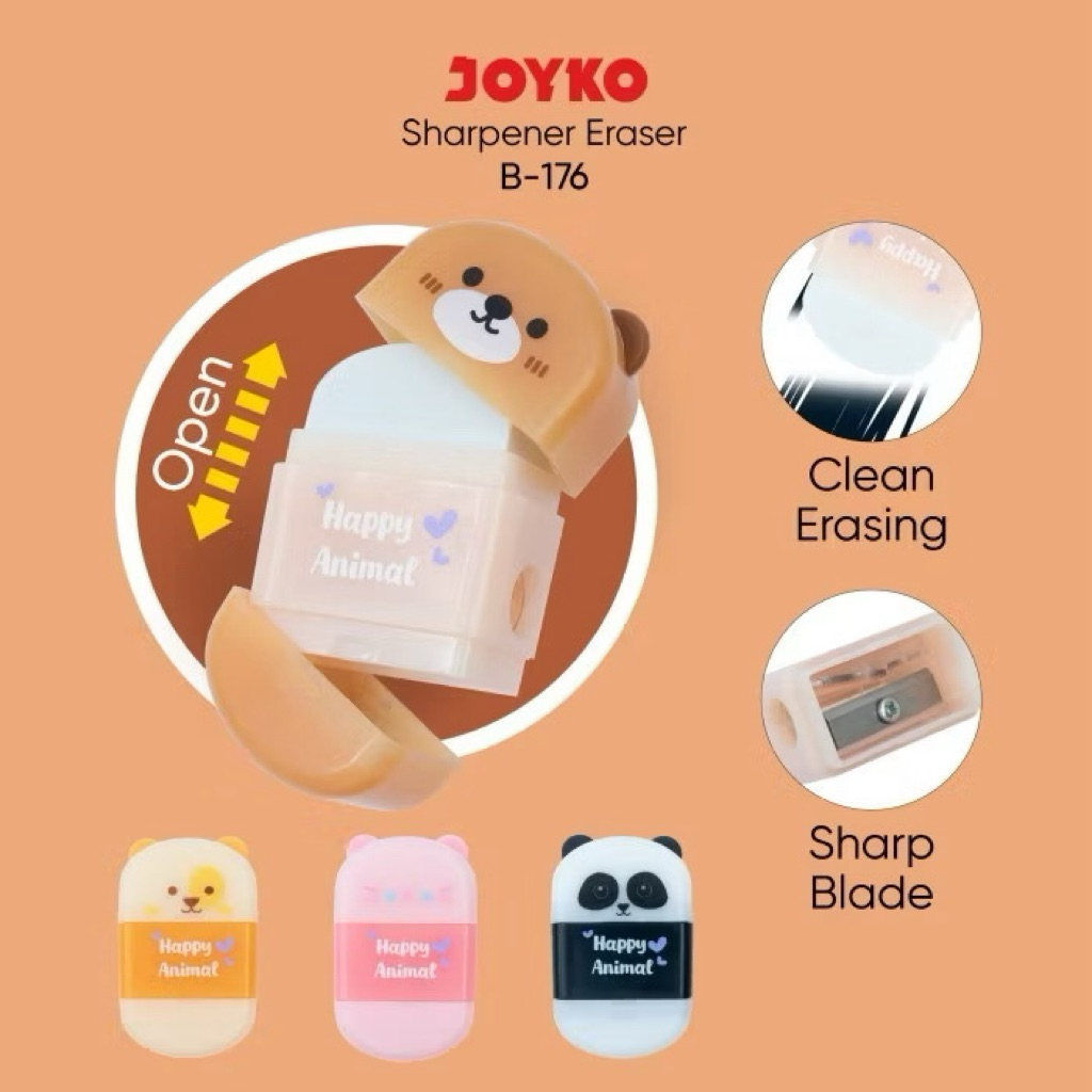 

( 6 BIJI ) Sharpener Eraser 2 in 1 Rautan dan Penghapus Joyko B-176 Happy Animal