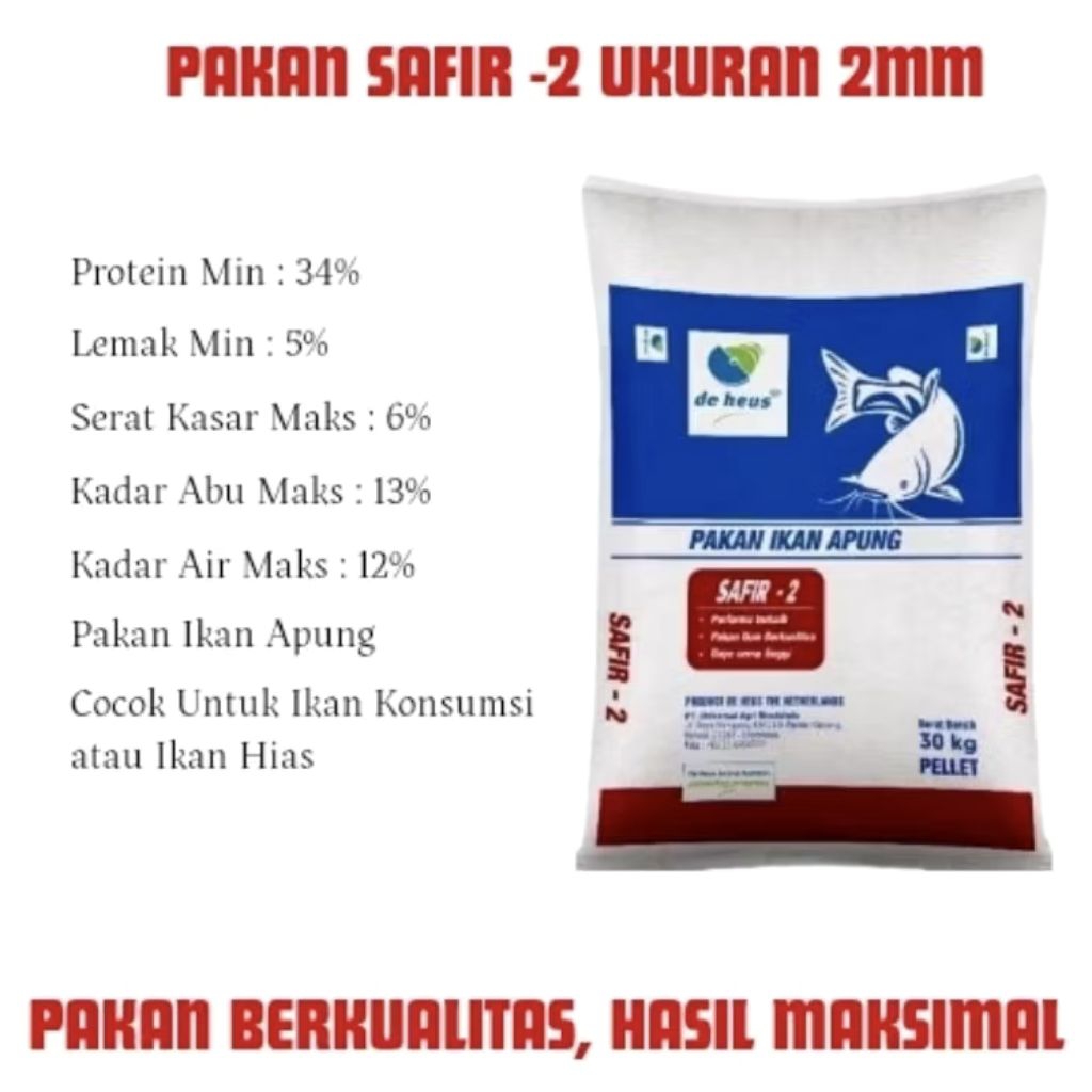 PELET PAKAN IKAN SAFIR 2/3 30KG PELET IKAN BERPROTEIN TINGGI LELE NILA GURAME PATIN