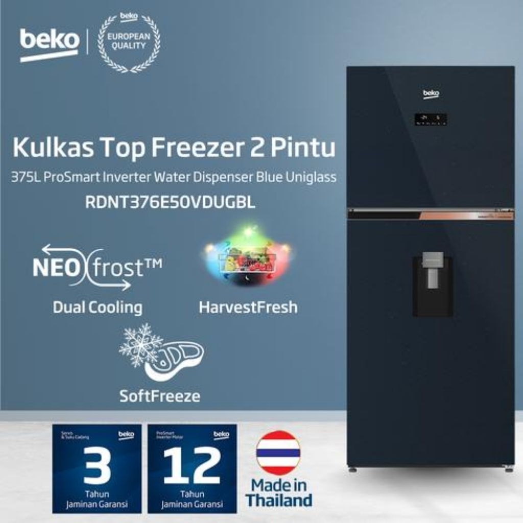 BEKO RDNT376E50VDUGBL Kulkas 2 pintu top freezer pro smart inverter RDNT376E50VDUG BL Kapasitas 376L