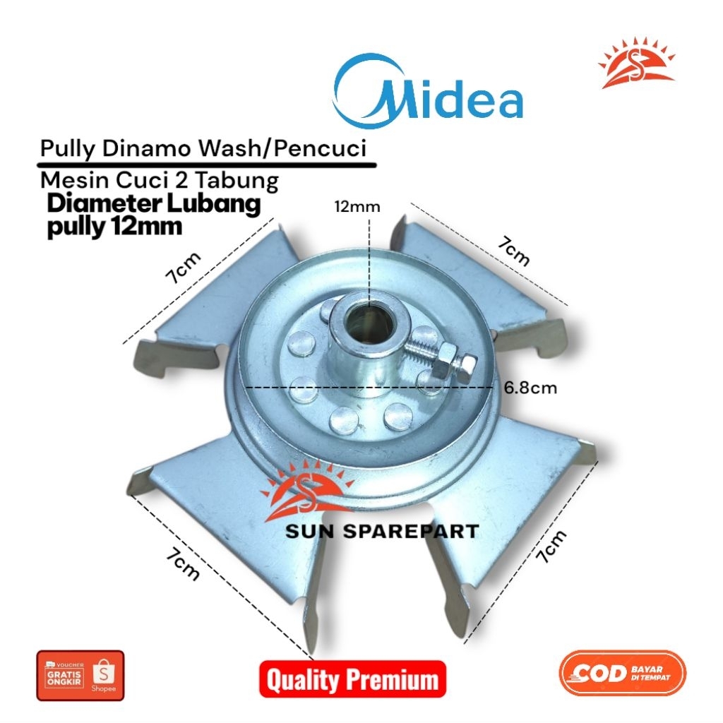 Pully Dinamo wash lubang pully 12mm Mesin cuci Midea 2 Tabung/pully Dinamo pencuci