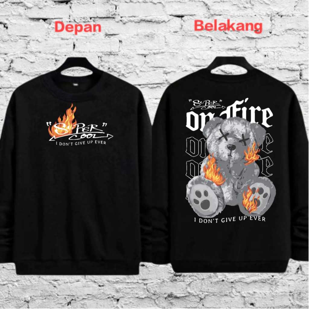 Kaos Pria Lengan Panjang Motif on fire / Baju Kaos Pria Keren Bahan Babyterry Premium