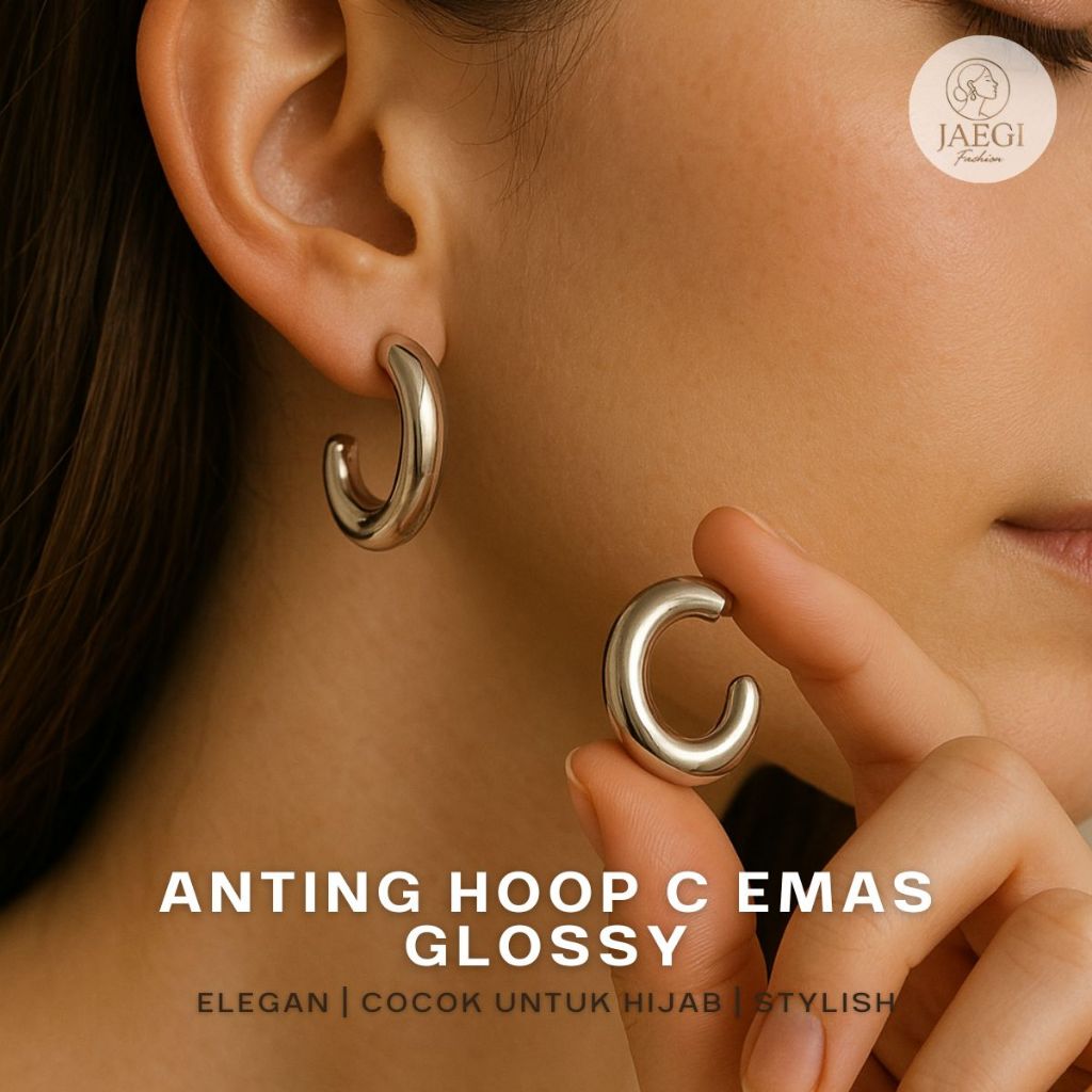 Anting C Hoop Emas Tebal Minimalis – Anting Wanita Vintage dan Elegan