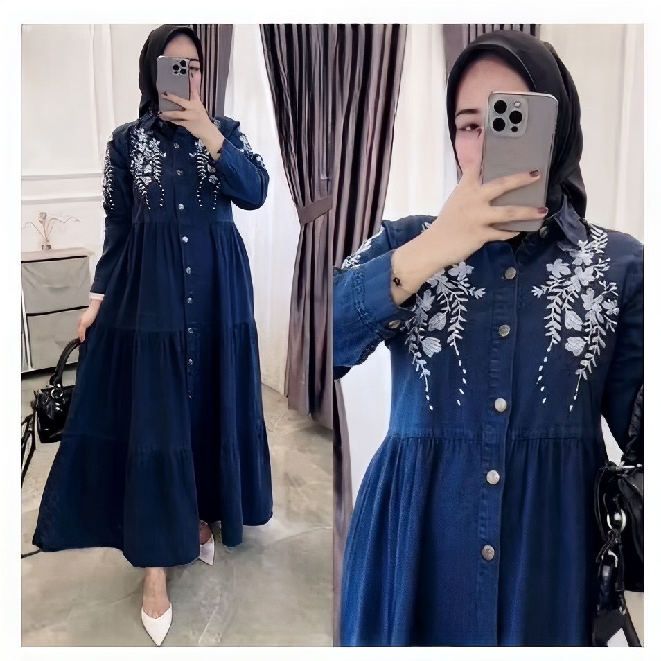 Willy Maxy Gamis Jeans Jumbo/Baju Gamis Jeans Bordir Wanita Jumbo Terbaru 2025/Dress Lepis Wanita Ke