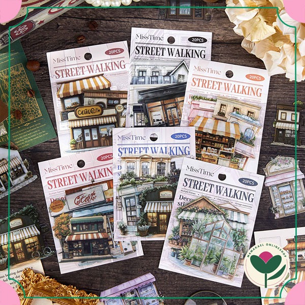 

1 set isi 20 pcs street walking sticker aesthetic vintage building cafe deco stiker bangunan retro MK2018