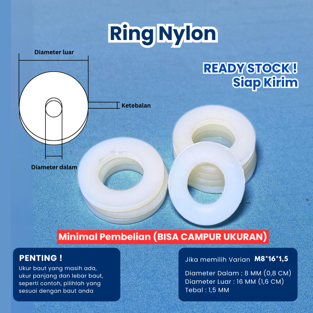 Ring Plat Washer Flat Ring Nylon Ring Pelindung Baut Nilon Anti Karat M2 M2,5 M3 M4 M5 M6 M8 M10 M12