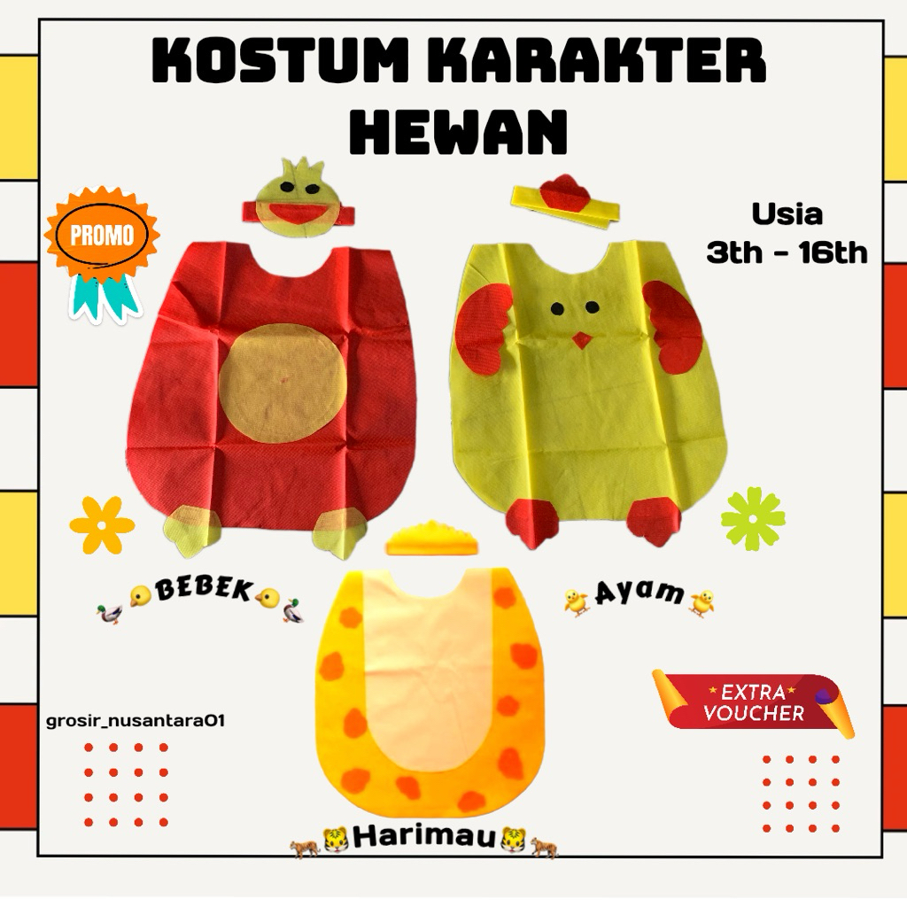 PROMO 1 SET  KOSTUM HEWAN Bebek Ayam Harimau Macan Singa Lucu Baju Pentas Karnaval Animals Cloth Tea