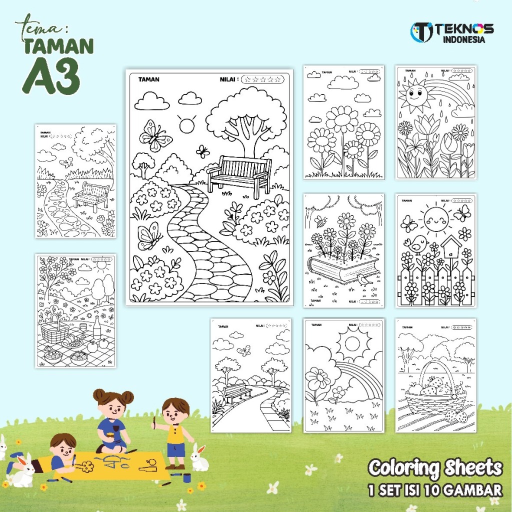 

KERTAS MEWARNAI ANAK PAUD/TK - LEMBAR BERGAMBAR TEMA TAMAN A3 READY STOCK