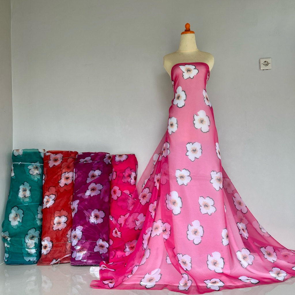 Kain Organza Print Motif Bunga