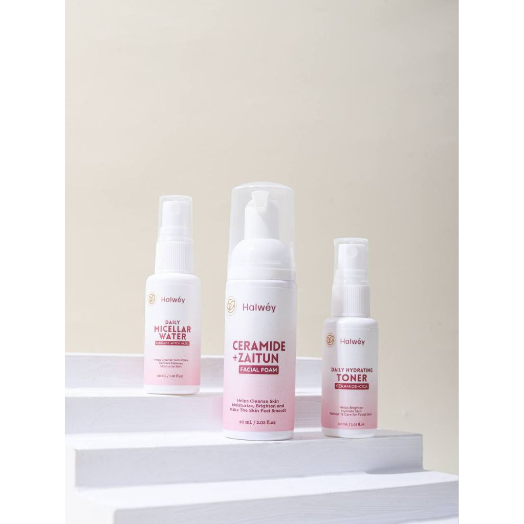 [FREE POUCH] Paket Skincare Pemula, Kulit Bruntusan, Break Out, Komedo, Kulit Kusam- HALWEY CERAMIDE