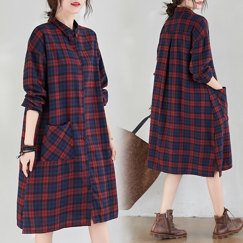 Gaun Kemeja Lengan Panjang Kasual Wanita Gaun Kotak-kotak Linen Katun
