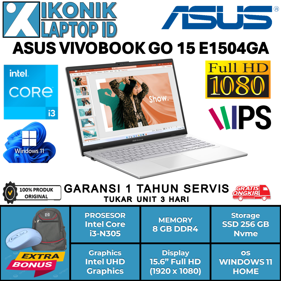 Laptop Baru Asus Vivobook GO 15 Intel Core i3 N305 Ram 8 GB Ssd 256 GB Layar 15 inc Full HD