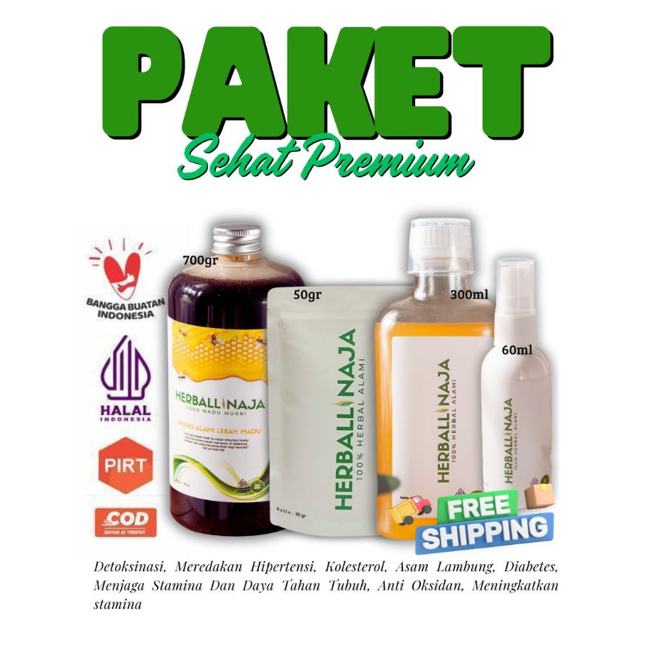 

paket sehat premium herballinaja – madu 700g + herbal 300ml + spray 60ml + herbal 50g | halal, pirt