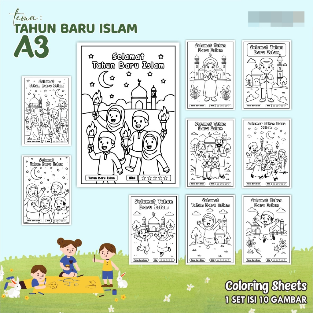 

KERTAS GAMBAR MEWARNAI TEMA TAHUN BARU ISLAM - LEMBAR COLORING SHEETS KIDS ISI 10 LEMBAR [A3] READY