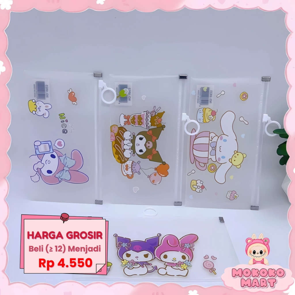 

MM Zipper A4 B5 Map Bening Folder Dokumen Kertas Pouch Anti Air Lucu Karakter Kuromi Tempat Pensil