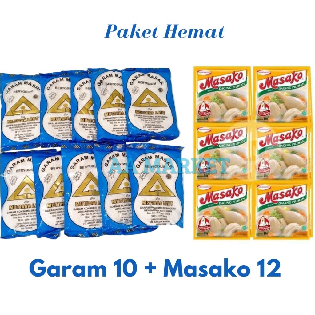

PAKET 10 PCS GARAM + 12 PCS ROYCO/MASAKO AYAM/SAPI 8 GR, GARAM DAPUR BERYODIUM PAKET HEMAT
