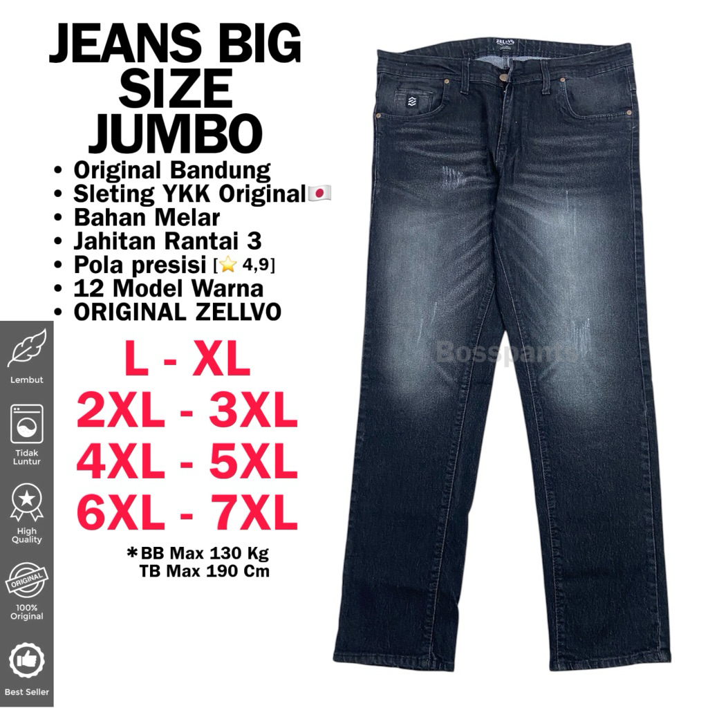 BOSSPANTS - ZELLVO ORIGINAL CELANA JEANS KARET HITAM DARK GREY SLIMFIT JUMBO S - 7XL - Tebal Nyaman 