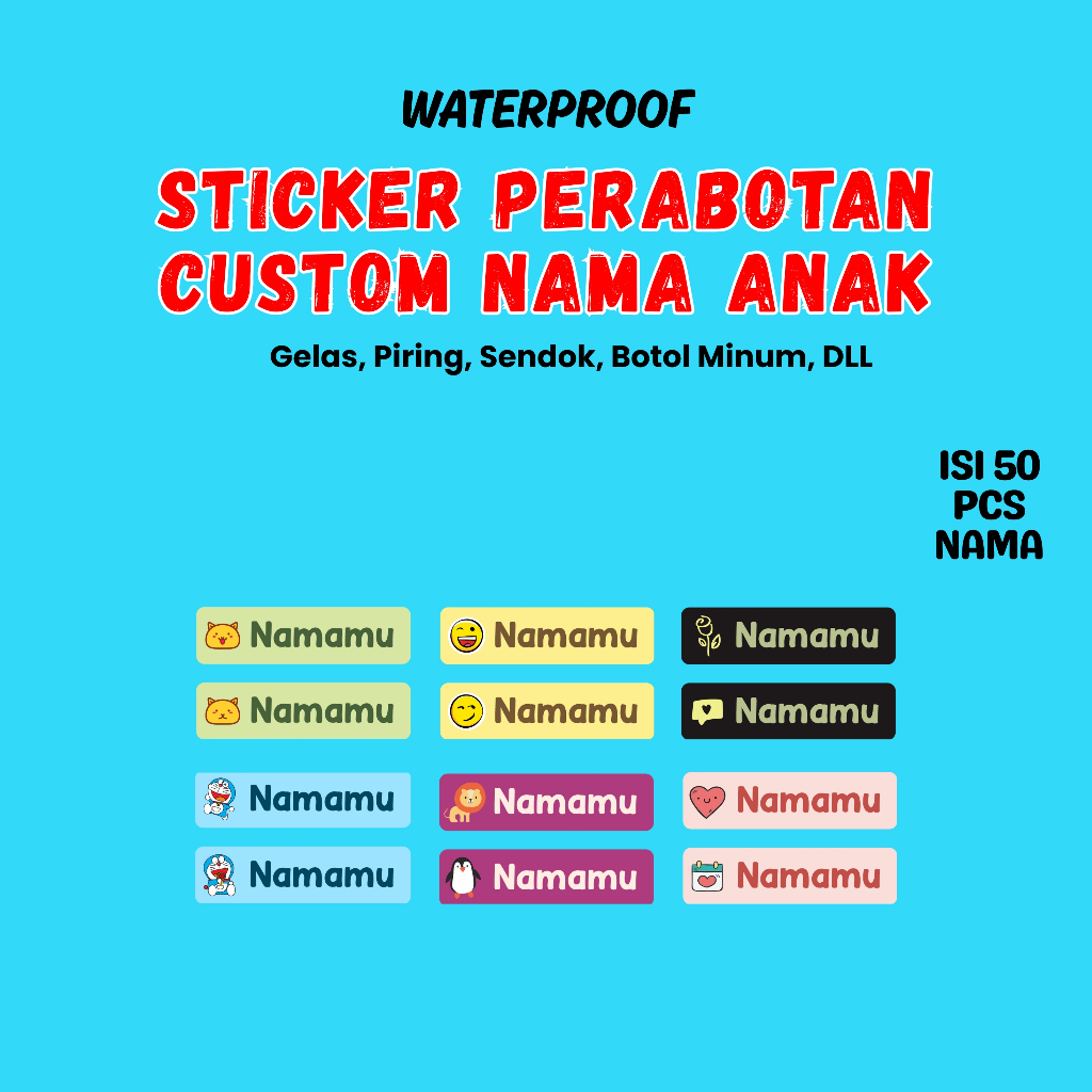

Stiker Anak 3D 50 Pcs Custom Nama Piring Sendok Botol Gelas Perabotan timbul waterproof label