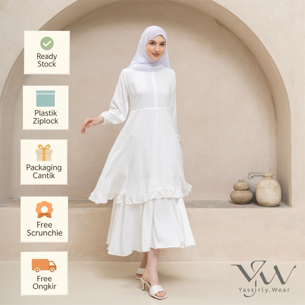 Gamis Putih Polos Wanita Elegan Premium Rayon Twil | Yasmine Dress | Yassirly.Wear