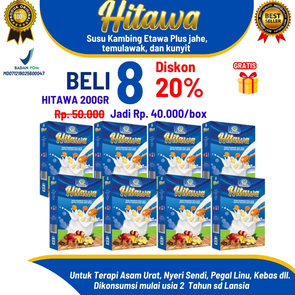 

[Paket Reseller 8 Box ] HITAWA 200g – Susu Kambing Etawa Jahe Merah – Untuk Nyeri Sendi, Asam Urat