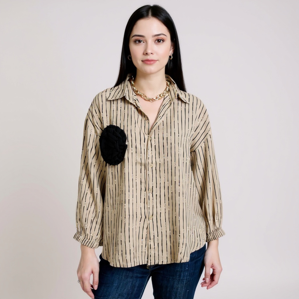 Letty Stripe Flower Button Cotton Shirt | Blouse Kemeja Wanita Lengan Panjang Kancing Bunga