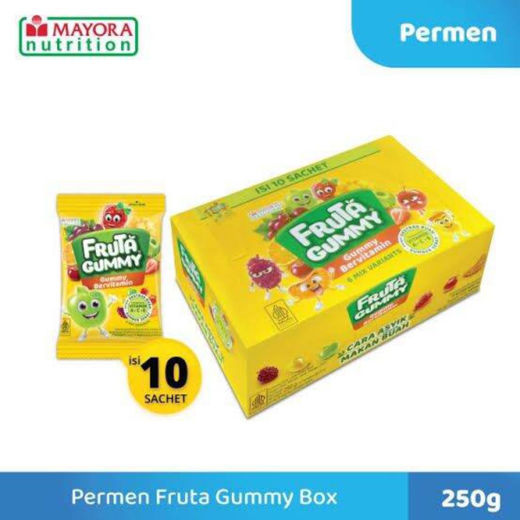 

Fruta gummy 10x25 gram gummy yang ada vitamin buah