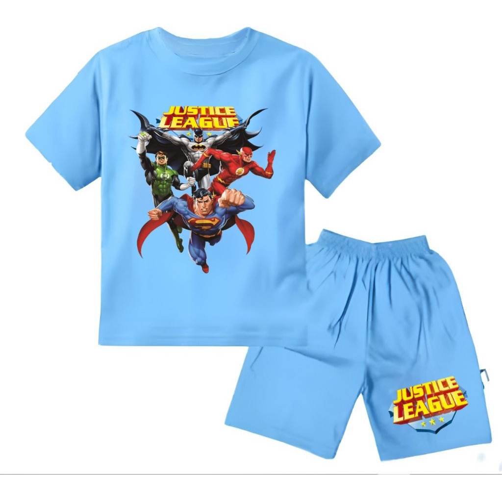 Baju setelan stelan set kaos anak cowok cewek laki laki perempuan unisex motif justice league gambar