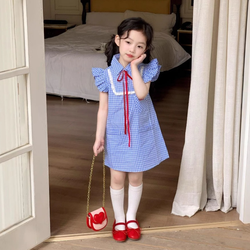Korean Dress Gaya akademi Kisi-kisi biru Lengan baju terbang kecil Gaun gaun Anak Perempuan Dress pu