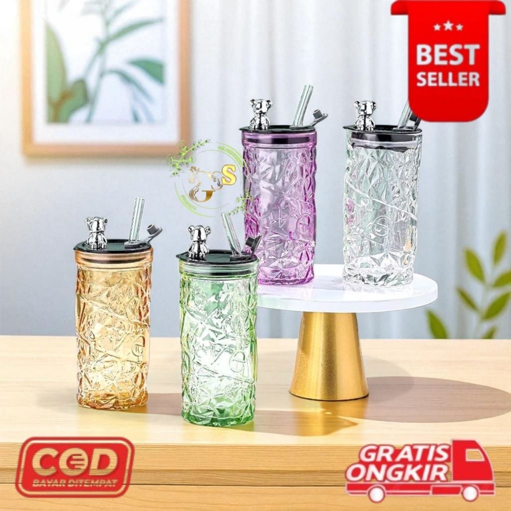 [GS] Botol Kaca Kristal Panda Tumbler Glass Gelas Sedotan Kopi Wadah Minum Aesthetic