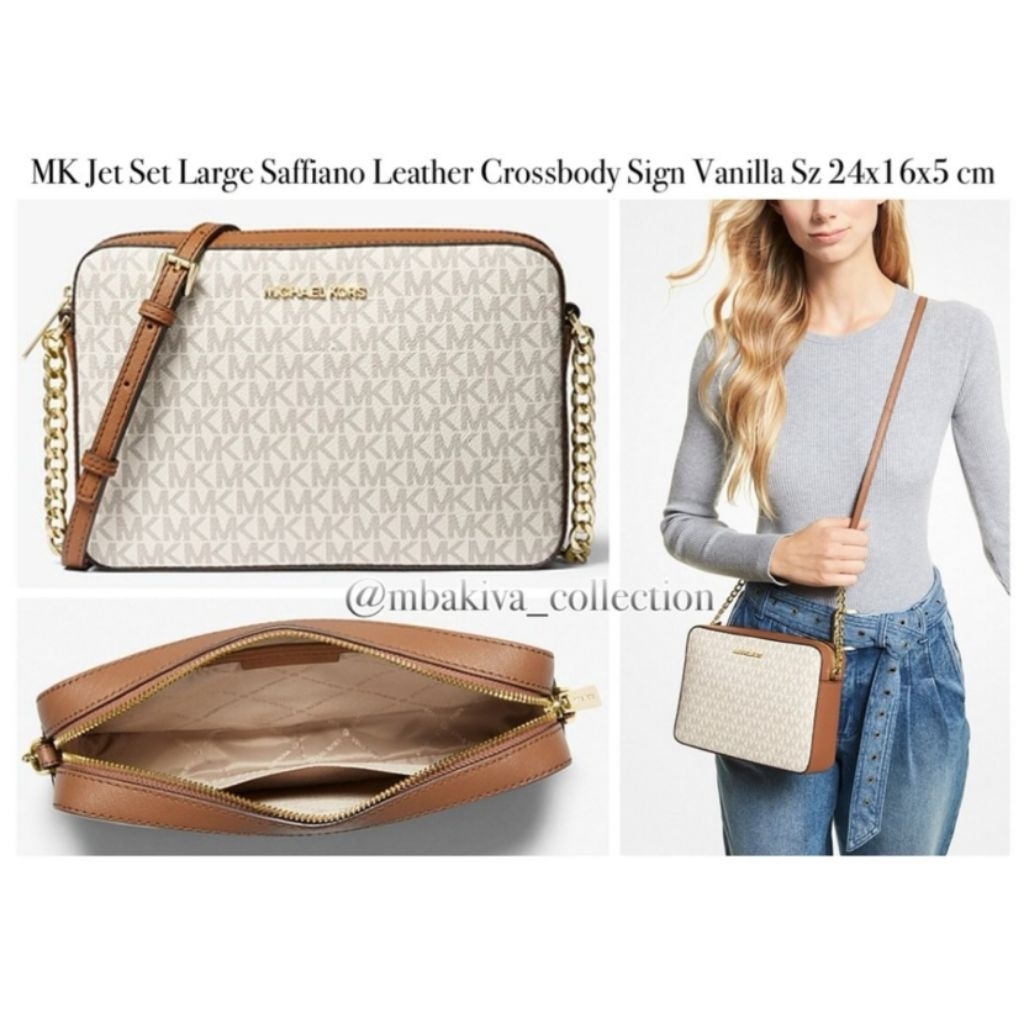 MK Jet Set Large Saffiano Leather Crossbody Sign Vanilla