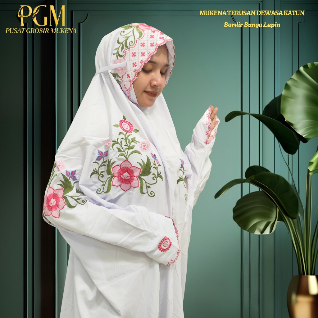 Mukena Terusan Dewasa Bahan Katun Polino Motif Bordir Bunga Lupin Indah
