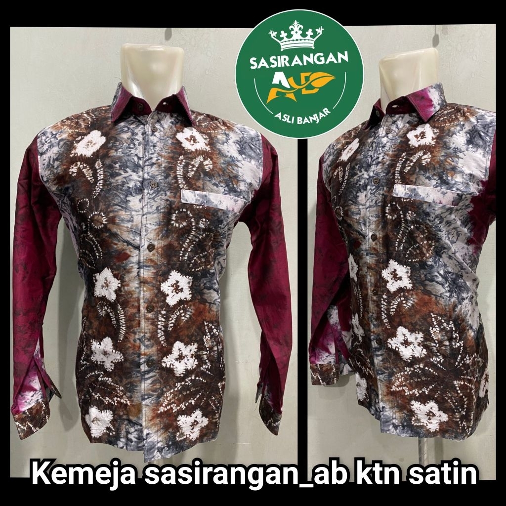 kemeja sasirangan warna merah burgundi mix putih abu abu & mocca