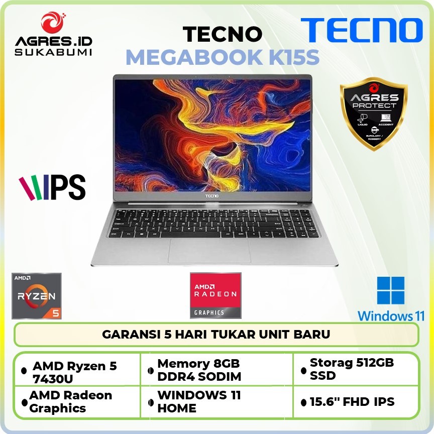 TECNO MEGABOOK K15S RYZEN 5 7430U RAM 16GB 512GB 15.6 FHD IPS SILVER