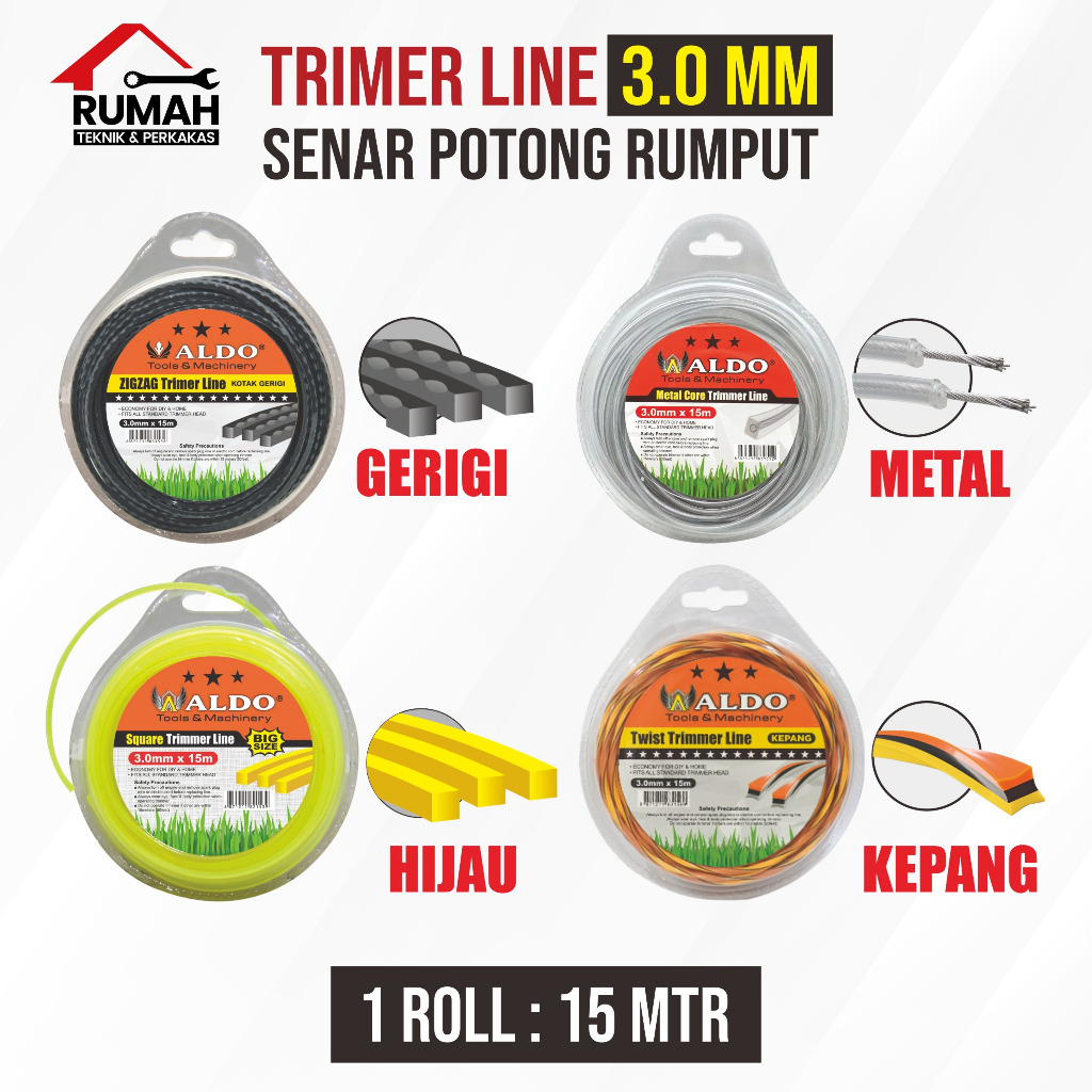 Senar Mata Potong Rumput 3 mm x 15 Meter Varian Gerigi, Metal, Kepang, Hijau untuk Mesin Gendong