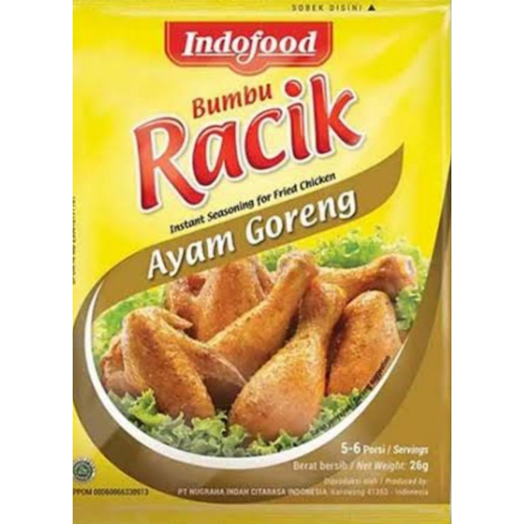 

( renteng) indofod bumbu racik ayam goreng1 renteng isi 10pcs x 26 gram...