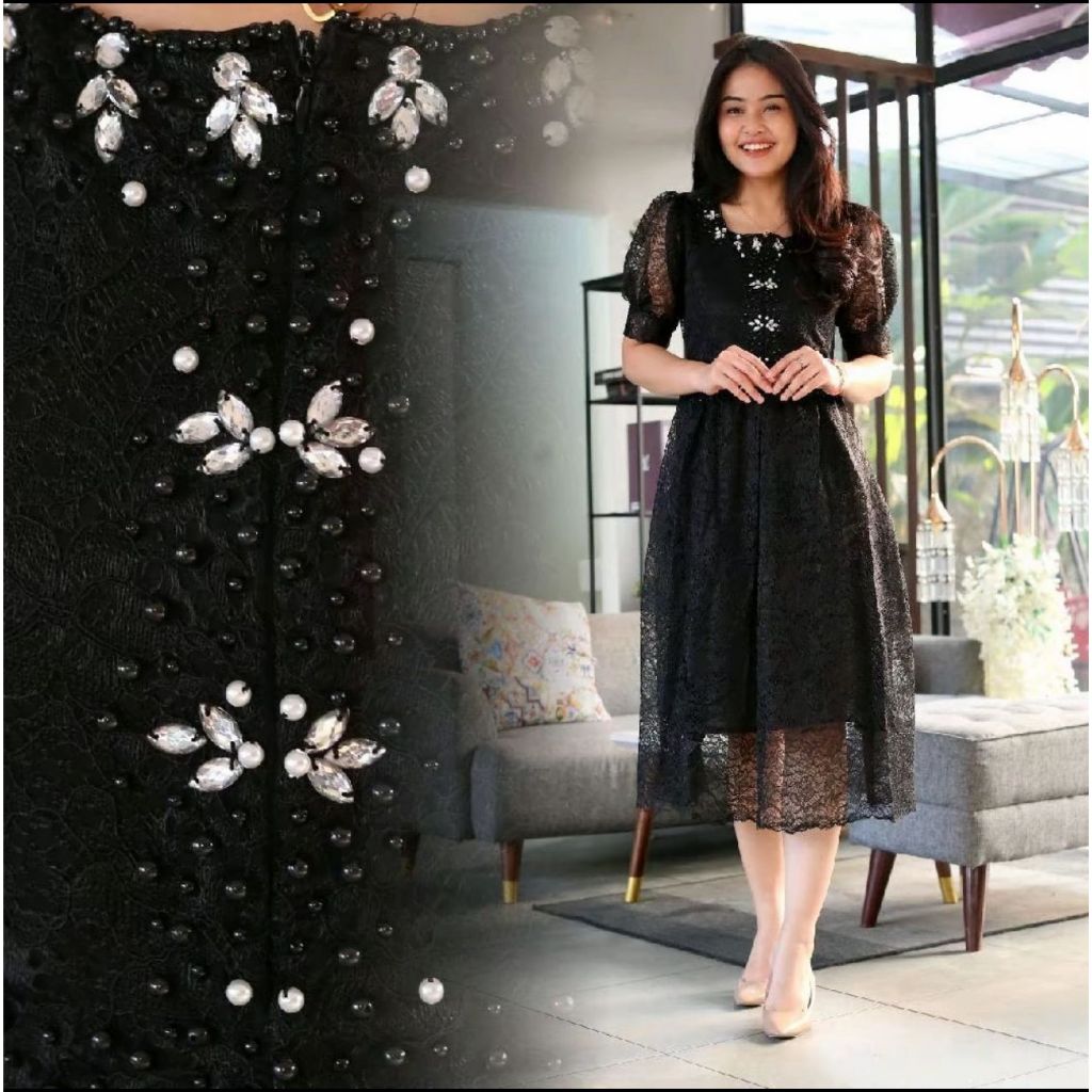 KEBAYA DRESS MIDI BRUKAT PAYET MEWAH Style Soia Casandra / Dress Brokat Pesta Natal Kondangan Gereja