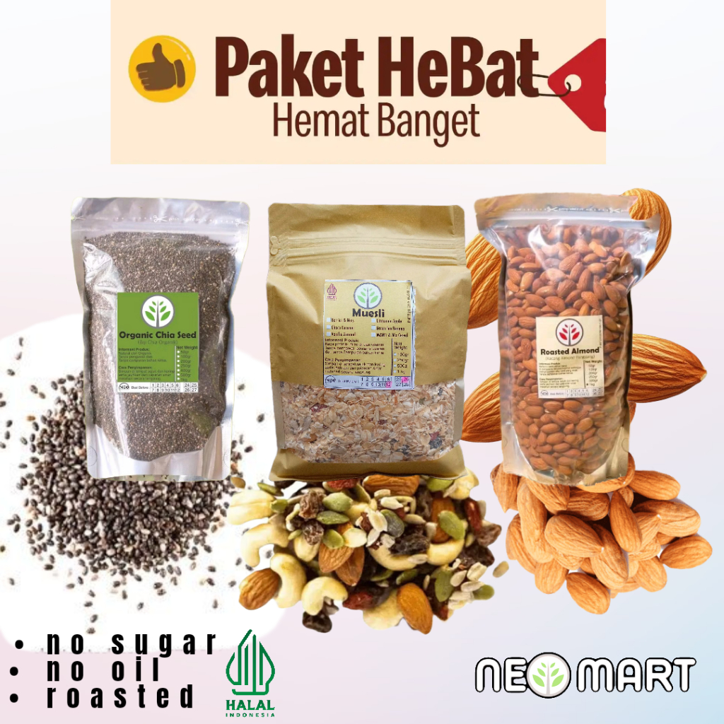 

[Sarapan 3 in 1] Muesli 500gr + Chia seed 100gr + Roasted Almond 250gr - Sereal Tinggi Serat