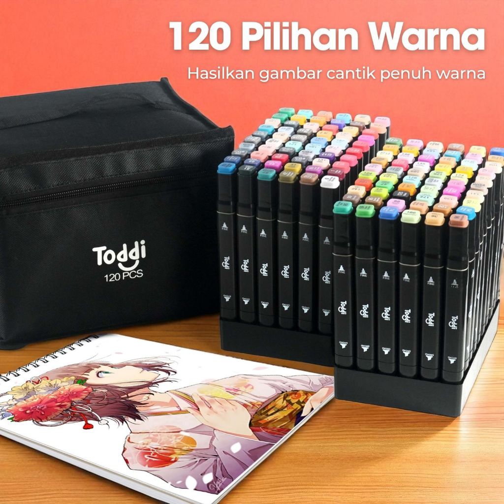 

Toddi Spidol Dual Side Fine Art Brush Art Marker Set 120 Warna Highlighter Black