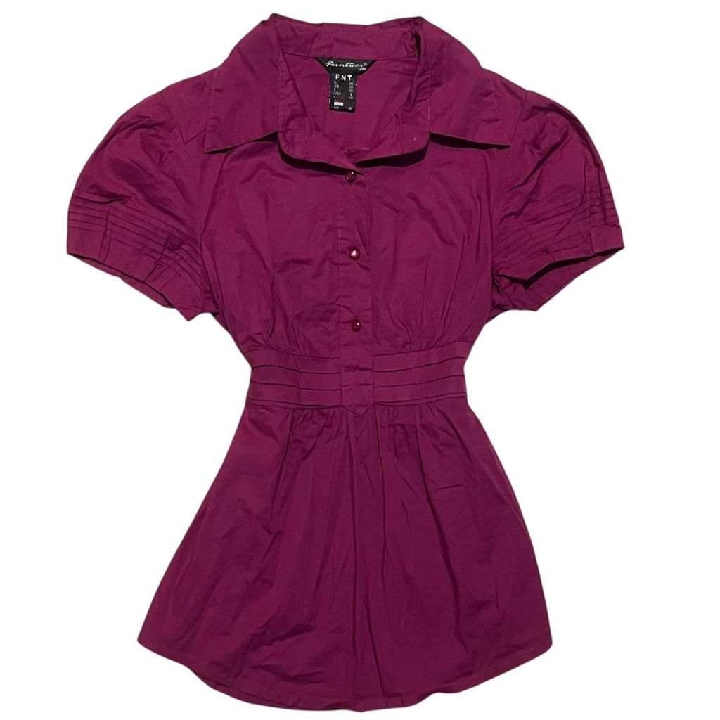 Scrunched Buttoned Up Babydoll Puffy Collared Top | Vintage Magenta Violet Purple unik beads buttons
