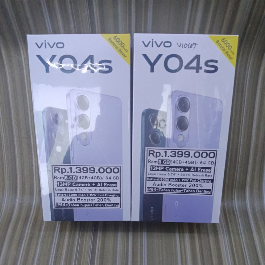 VIVO Y04s Ram 8gb(4+4) 64gb Rom,13MP Kamera,6000mAh Baterai,Tahan hujan &Tahan banting
