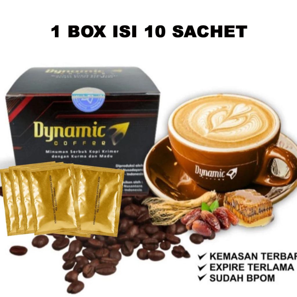 

Dynamic Coffee Kurma & Madu – Kopi Krimer Premium 1 Box Isi 10 Sachet – BPOM