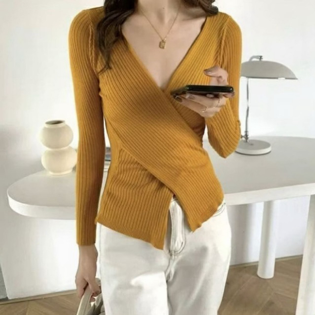 Top Knit V- neck korean style wrap top