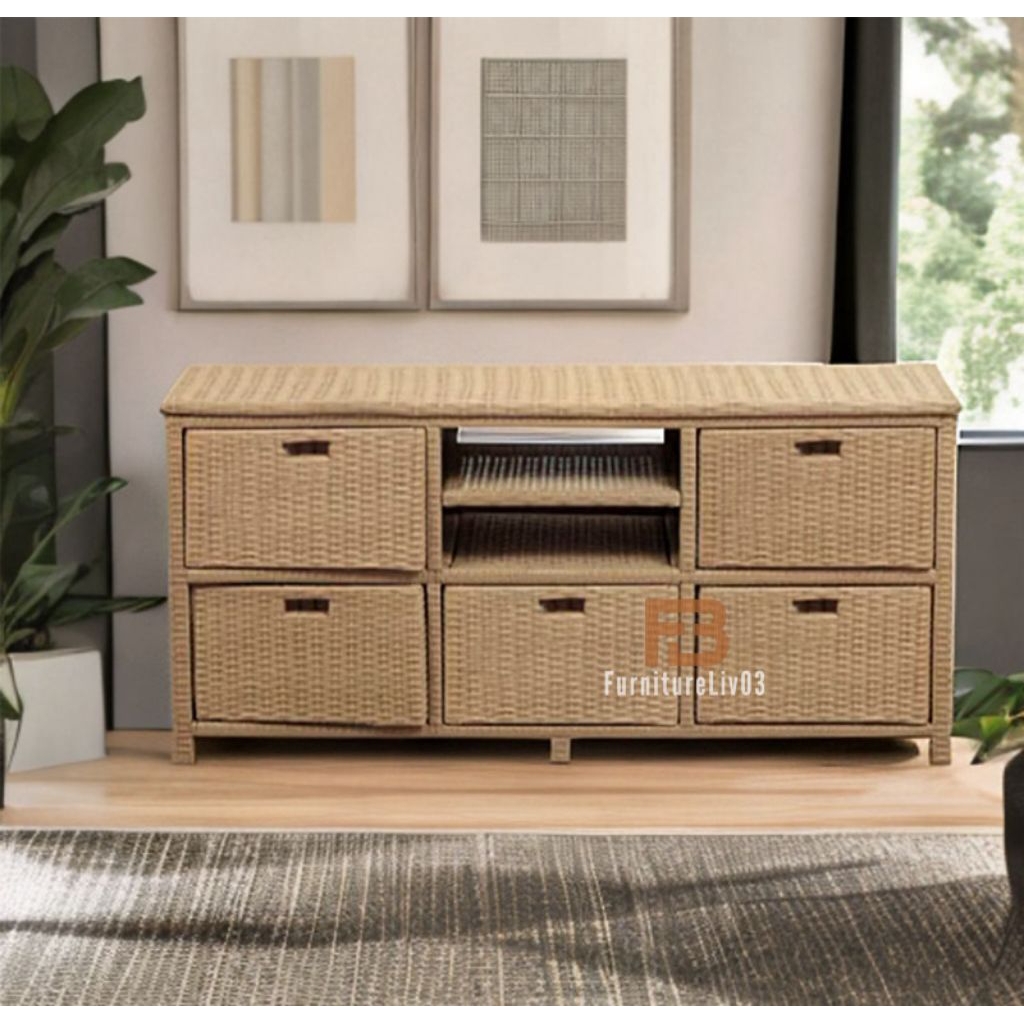 [Ready Stock] Meja Tv Rotan Sintetis Rak 5 Lemari Minimalis Modern