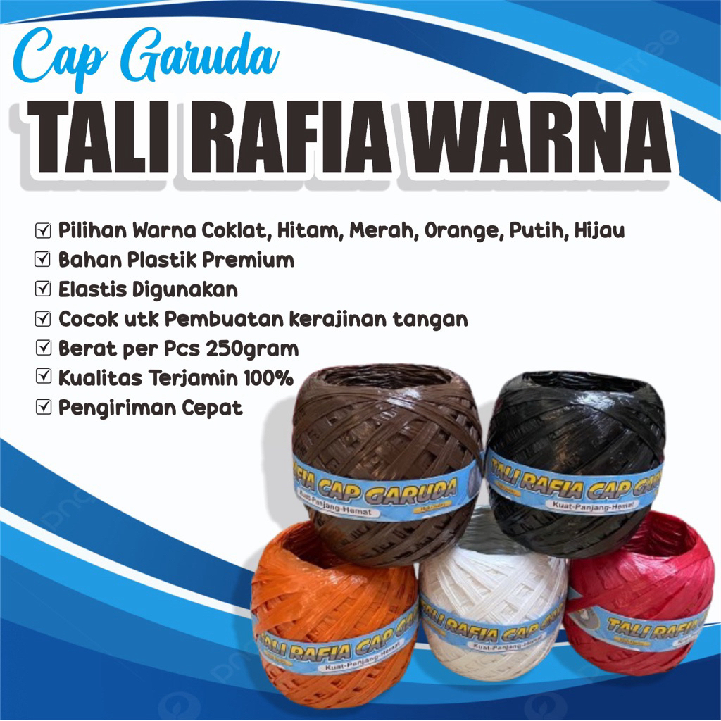 

Tali Rafia warna kilap cap garuda | coklat,merah,putih,hitam,orange,hijau