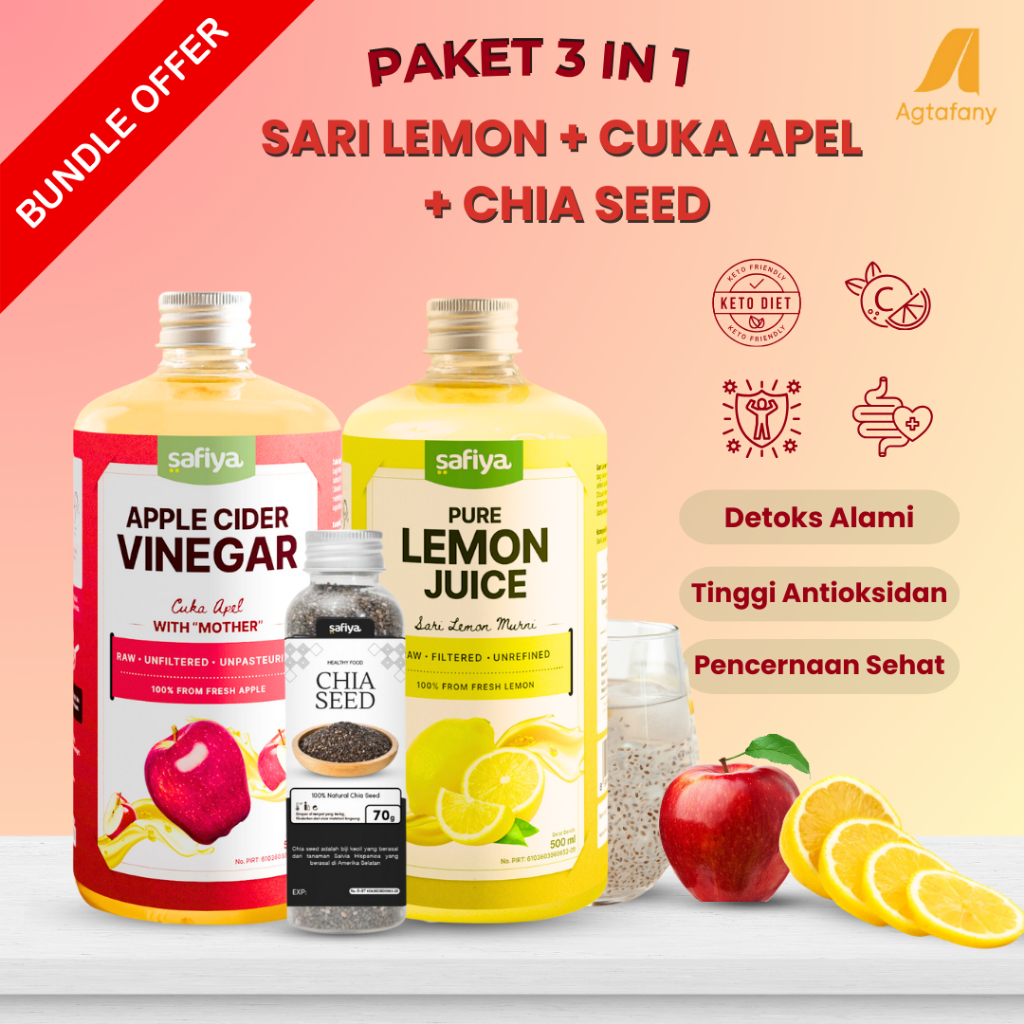 

[Paket Hemat 3 in 1] Sari Lemon + Cuka Apel + Chia Seed Safiya | Bundling Diet Sehat Minuman Detoks Pure 100% Murni Alami