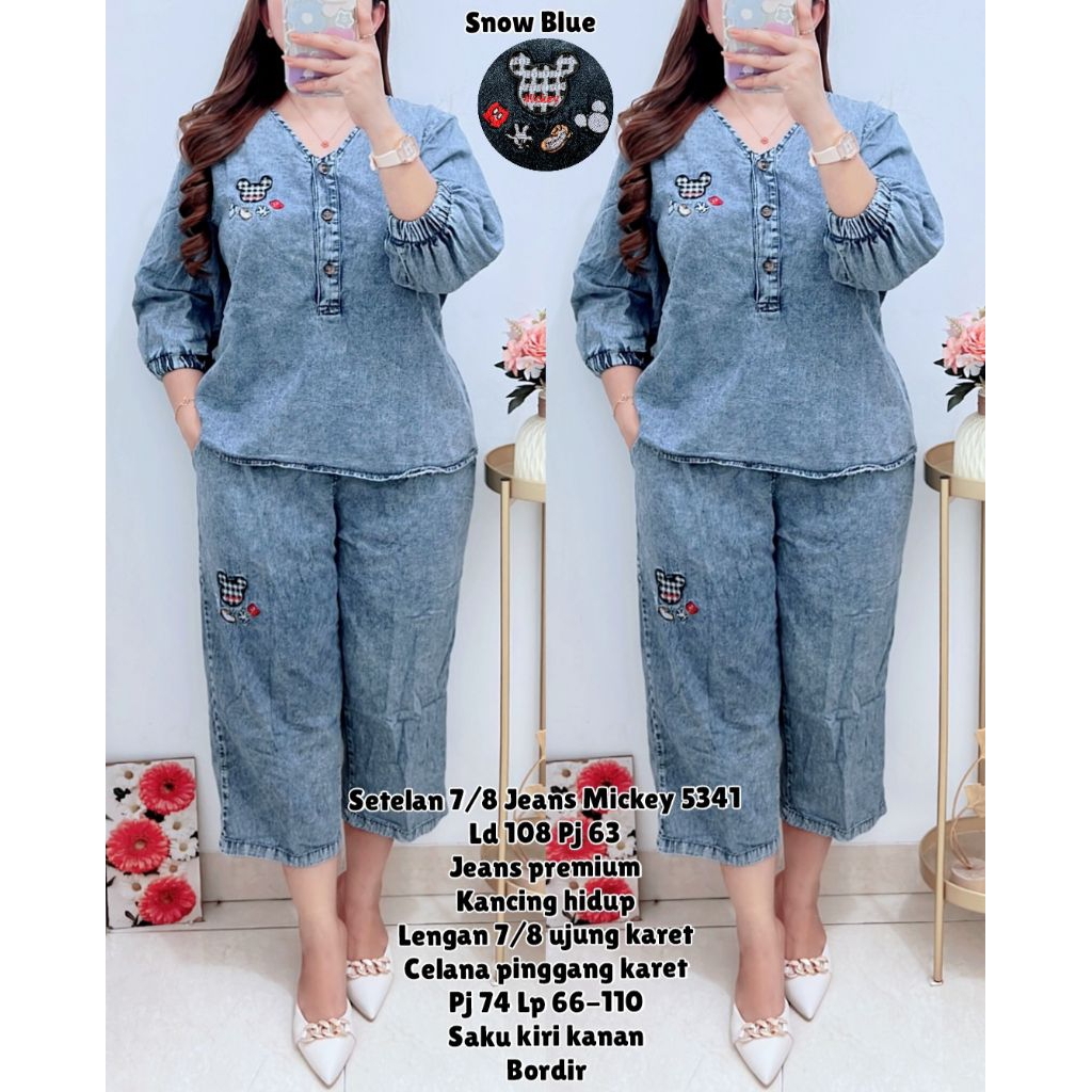 5341 SETELAN CELANA 7PER8 JEANS BORDIR MICKEY WANITA|ONE SET JEANS|SETELAN CELANA 7/8|SETELAN LD108