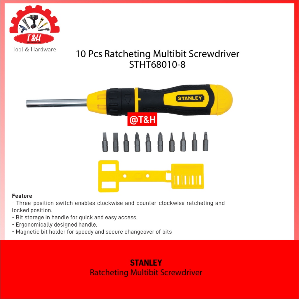 Stanley STHT68010-8 Ratcheting Multibit Screwdriver / Obeng Ratchet 10 Pcs