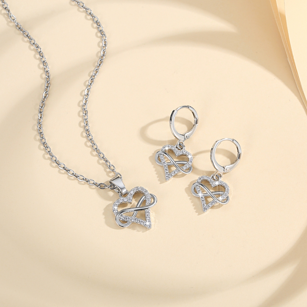 LM916 【COD】 Set Kristal Perhiasan Desain Cinta Wanita Titanium Aksesoris Wanita Anting Kalung Set An