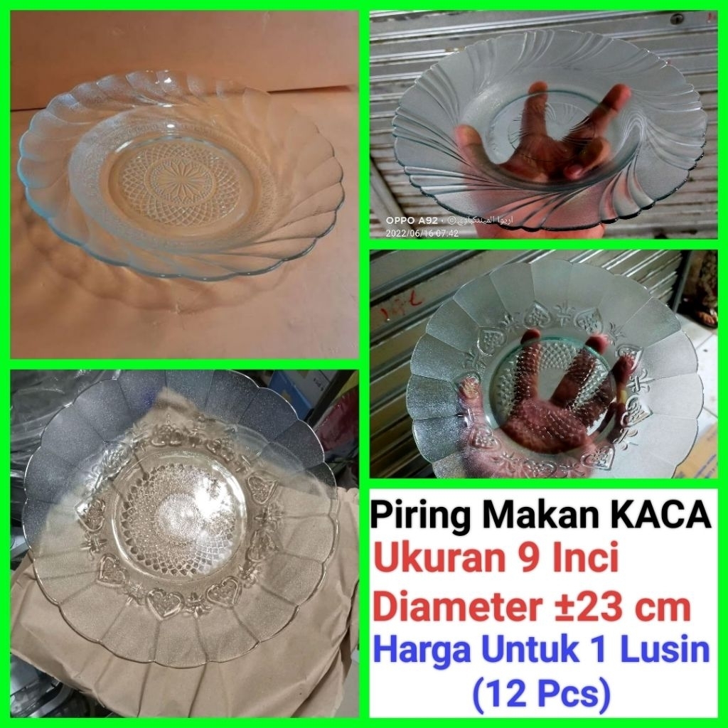 piring makan piring kaca Bening ukuran 9 inci diameter ±23cm Harga untuk 1 Lusin (12 Pcs)