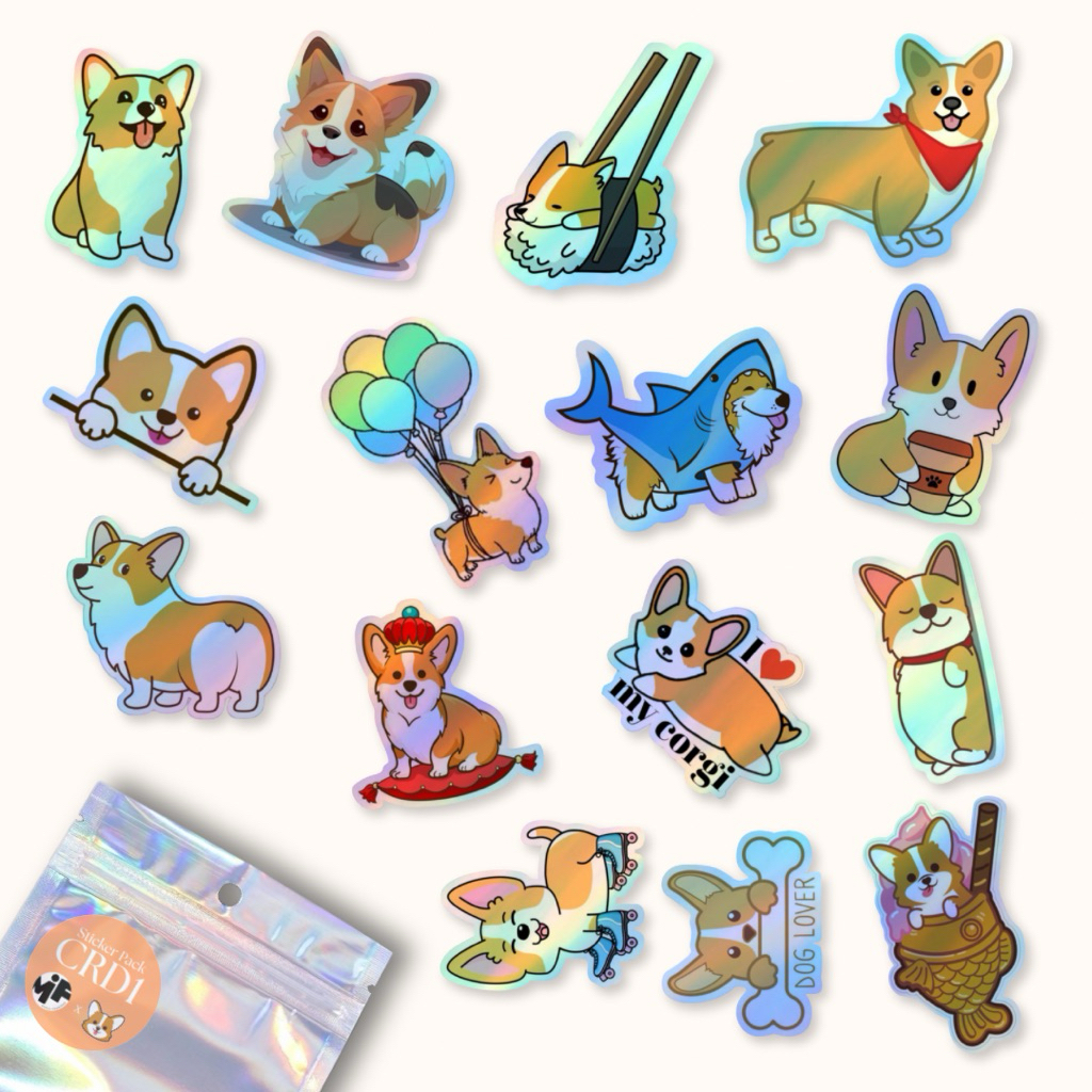 

[1 Pack] Sticker Hologram Corgi Dog Premium Laminasi , Stiker Hologram Anjing Corgi Aesthetic Isi Banyak Dekorasi Laptop Tumblr Gitar