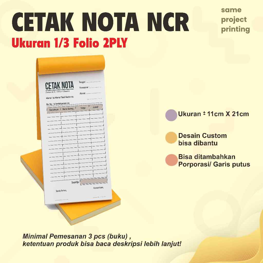 

Cetak Nota NCR 1/3 Folio | 2 PLY Ukuran 11x21 cm | Kertas Rangkap Anti Luntur 50 Set per Buku | Bisa Porporasi & Desain Gratis